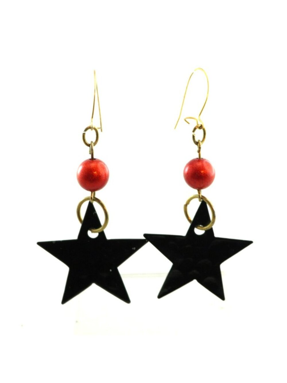 Vintage Black Star Dangle Earrings With Red Beads And Gold Tone Hooks